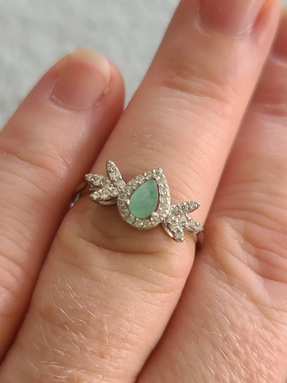 Sterling Silver Teardrop Emerald Halo Ring - Picture 2 of 6